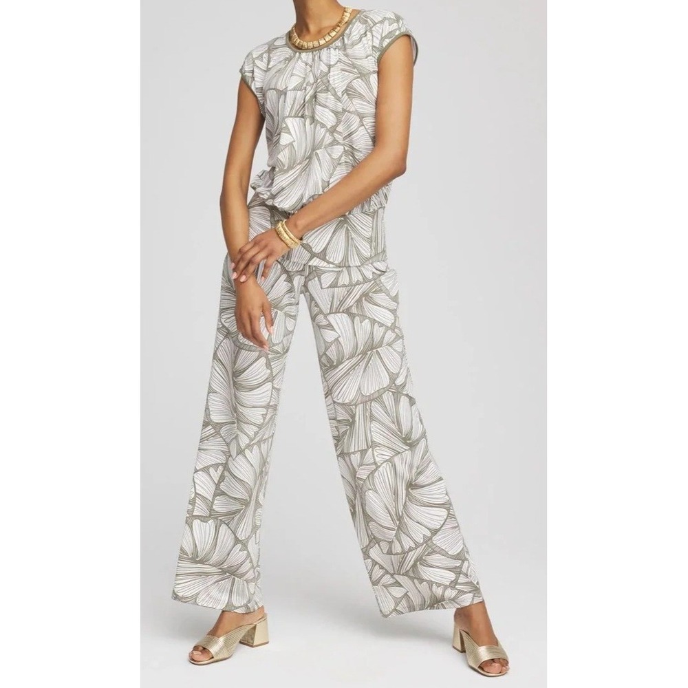 Chicos Set Top 3 Pants 3R Travelers Abstract Leaf Wide Leg Tropical Stretch Knit